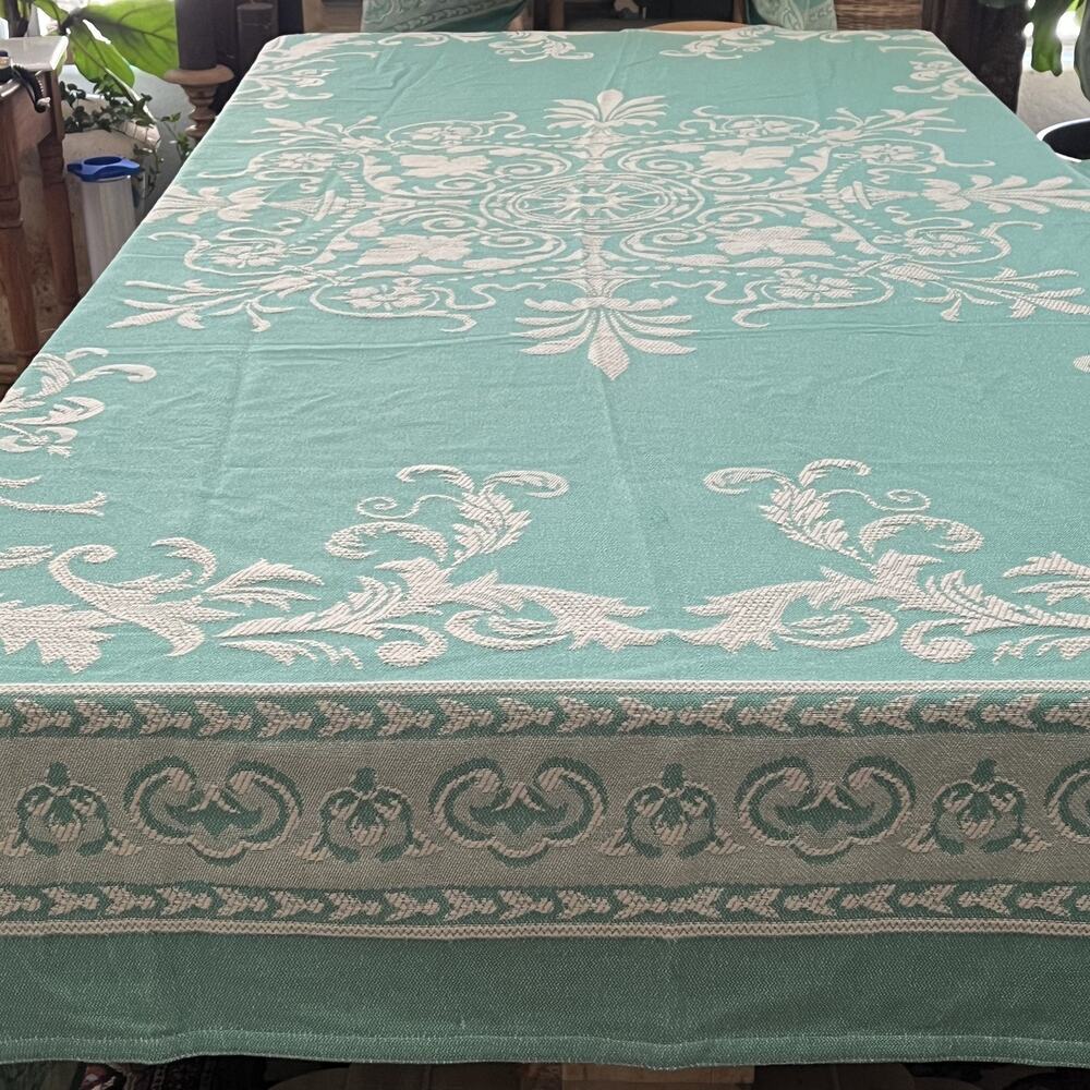 Superior King Bedspread 100" x 110" Teal Ivory Filigree Medallion Design Cotton